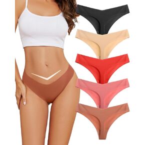 voenxe Seamless Women Underwear Thong,Low Rise No Show Ladies Panties,V Waist Cut No Line Workout Brief Comfortable 5-Pack