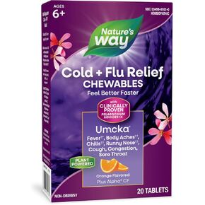 Nature's Way Cold+Flu Relief Chewables, Umcka, Shortens Duration & Reduces Severity, Multi-Symptom Relief, Homeopathic, Non-Drowsy, Orange Flavored, 20 Chewable Tablets (Packaging May Vary)