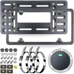 Front License Plate Bracket Holder Mounting Kit- Black Aluminum Frame & Plastic Bumper Car Tag Adapter with Copper Thread, with Screws Caps and Stainless Steel Zip Ties