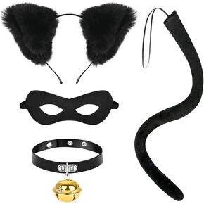 4Pcs Black Cat Costume for Boys Include Cat Ears Headband Tail Eye Mask Bell Choker for Boys Girls Halloween Party Dress up