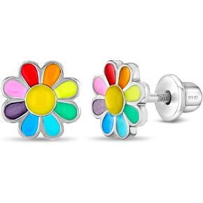 925 Sterling Silver Rainbow Enamel Daisy Flower Screw Back Earrings for Little Girls and Preteens - Vibrant Multicolored Petal Flower Earrings