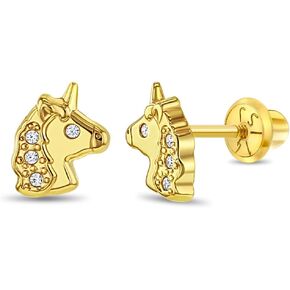 14k Yellow Gold Clear Cubic Zirconia Unicorn Screw Back Earrings For Toddlers and Little Girls - Sweet Unicorn Earrings For a Young Girls Special Birthday - Safety Screw Back Girl Earrings