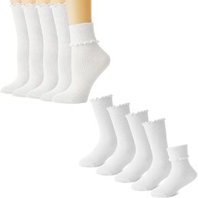 BISOUSOX Ruffle Socks Woman, Girls Socks 6-8 Years Old White Ruffle Cute Ankle Crew Frilly Ruffled Kids School Dress Socks