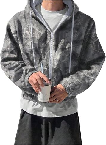 Men's Camo Zip Up Drawstring Crop Lightweight Hoodie Graphic Long Sleeve Hooded Sweatshirts Outerwear in Saudi Arabia