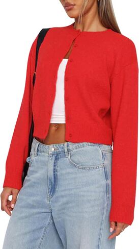 MISSACTIVER Women's Button Down Cropped Cardigan Sweater Solid Open Front Long Sleeve Crewneck Knitted Fall Cardigans Jacket in Saudi Arabia