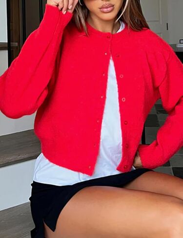 MISSACTIVER Women's Button Down Cropped Cardigan Sweater Solid Open Front Long Sleeve Crewneck Knitted Fall Cardigans Jacket in Saudi Arabia