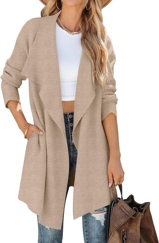 ZESICA Women's Casual Lapel Cardigan Long Sleeve Open Front Irregular Hem Soft Knitted Sweater Coat with Pockets in Saudi Arabia
