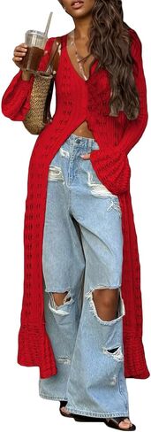 Unybwonn Long Cardigans for Women Crochet Hollow Out Knit Sweater Cover up Maxi Dress Long Sleeve Button Down Cardigan in Kuwait