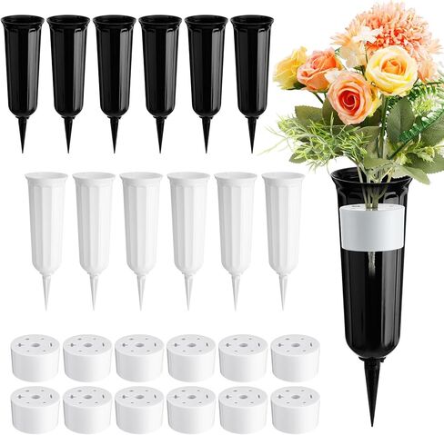 12 مجموعة من مزهريات المقبرة للمزهريات الزهرة البلاستيكية التذكارية مع طفرات وحامل الأزهار القبر للمقبرة زخارف تذكارية مقبرة (أسود ، أبيض) in Kuwait