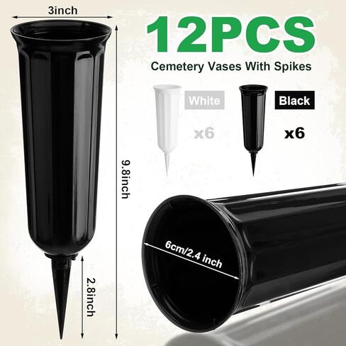 12 مجموعة من مزهريات المقبرة للمزهريات الزهرة البلاستيكية التذكارية مع طفرات وحامل الأزهار القبر للمقبرة زخارف تذكارية مقبرة (أسود ، أبيض) in Kuwait