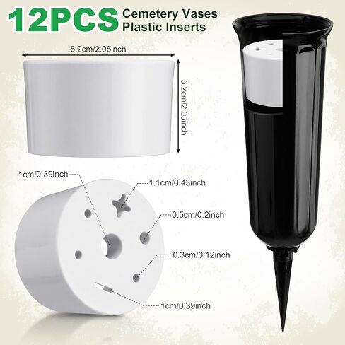 12 مجموعة من مزهريات المقبرة للمزهريات الزهرة البلاستيكية التذكارية مع طفرات وحامل الأزهار القبر للمقبرة زخارف تذكارية مقبرة (أسود ، أبيض) in Kuwait