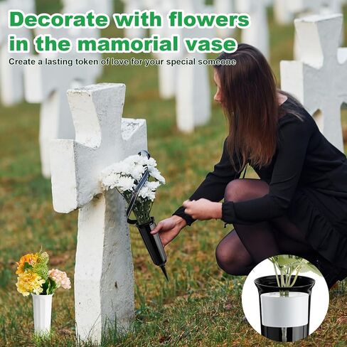 12 مجموعة من مزهريات المقبرة للمزهريات الزهرة البلاستيكية التذكارية مع طفرات وحامل الأزهار القبر للمقبرة زخارف تذكارية مقبرة (أسود ، أبيض) in Kuwait