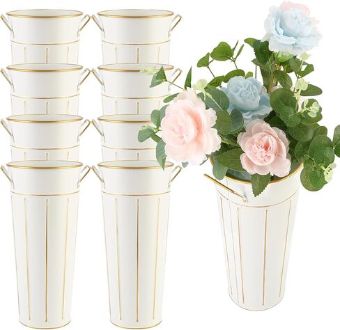 8 Pcs 12 Inch Galvanized Metal Vase With Handles - Tin Bucket for Bar, Home Decor, Wedding Centerpiece, Table Decorations - Unbreakable Tall Vase for Fresh Flowers in Kuwait
