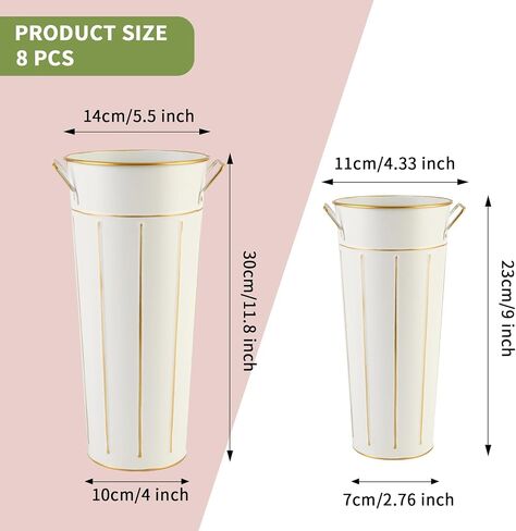 8 Pcs 12 Inch Galvanized Metal Vase With Handles - Tin Bucket for Bar, Home Decor, Wedding Centerpiece, Table Decorations - Unbreakable Tall Vase for Fresh Flowers in Kuwait