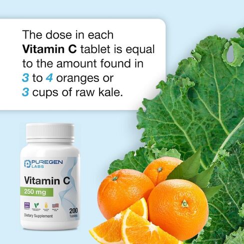 Puregen Labs Vitamin C 250 MG Supports a Healthy Immune System & Antioxidant Protection | Non-GMO | Gluten Free | Made in USA - 200 Tablets in Saudi Arabia