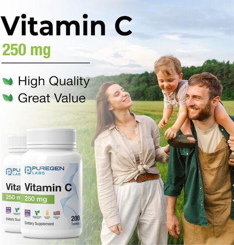 Puregen Labs Vitamin C 250 MG Supports a Healthy Immune System & Antioxidant Protection | Non-GMO | Gluten Free | Made in USA - 200 Tablets in Saudi Arabia