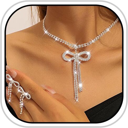 Jeairts jeirts bow bow jewelry مجموعة قلادة القوس البراقة والأقراط مجموعات المجوهرات كرستال بروميد للنساء in Kuwait