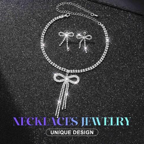 Jeairts jeirts bow bow jewelry مجموعة قلادة القوس البراقة والأقراط مجموعات المجوهرات كرستال بروميد للنساء in Kuwait