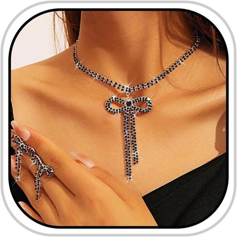 Jeairts jeirts bow bow jewelry مجموعة قلادة القوس البراقة والأقراط مجموعات المجوهرات كرستال بروميد للنساء in Kuwait