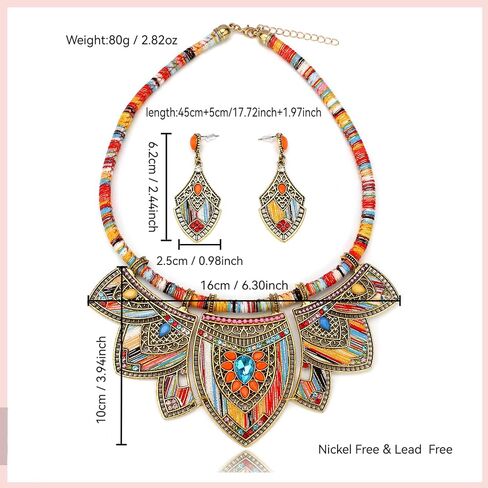 African Jewelry Sets for Women Boho Tribal Retro Statement Choker Necklace and Dainty Dangle Earring Set Multicolor Ethnic Style Chunky Bib Collar Costume Jewelry Accessories for Women in Saudi Arabia