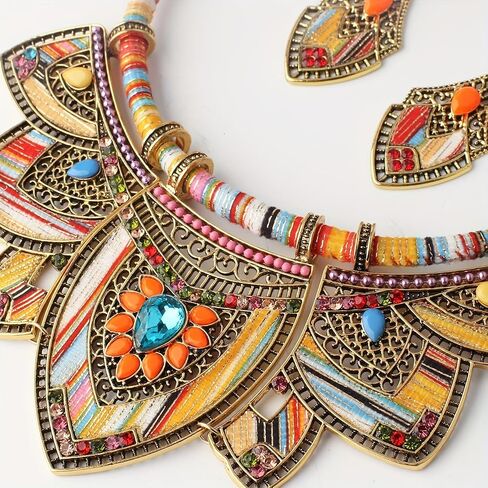 African Jewelry Sets for Women Boho Tribal Retro Statement Choker Necklace and Dainty Dangle Earring Set Multicolor Ethnic Style Chunky Bib Collar Costume Jewelry Accessories for Women in Saudi Arabia