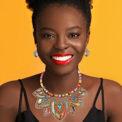 African Jewelry Sets for Women Boho Tribal Retro Statement Choker Necklace and Dainty Dangle Earring Set Multicolor Ethnic Style Chunky Bib Collar Costume Jewelry Accessories for Women in Saudi Arabia