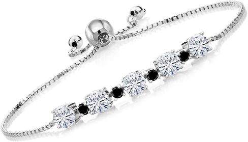 Gem Stone King 925 Sterling Silver Gemstone Birthstone and Black Diamond Tennis Bracelet for Women | Round 5MM and 2.5MM | Adjustable Bolo Design | Easy-On Easy-Off | Fully Adjustable Up to 9 Inch in Saudi Arabia