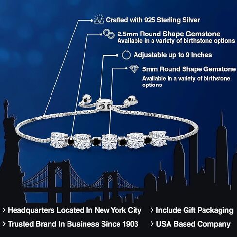 Gem Stone King 925 Sterling Silver Gemstone Birthstone and Black Diamond Tennis Bracelet for Women | Round 5MM and 2.5MM | Adjustable Bolo Design | Easy-On Easy-Off | Fully Adjustable Up to 9 Inch in Saudi Arabia