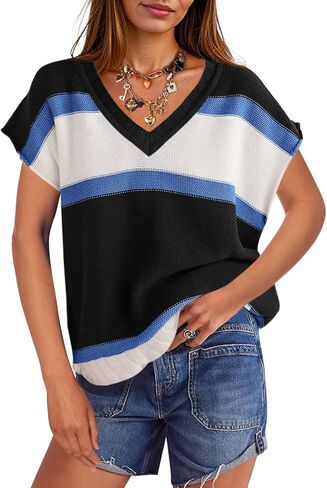 Saodimallsu Womens Cap Sleeve Sweater Vest Top Summer Color Block Loose Knit Going Out Shirts in Kuwait