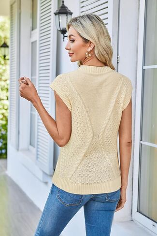 Arach&Cloz Womens Spring Sweater Vest 2025 Cap Sleeve Crew Neck Casual Tops Cable Knit Crochet Loose Fit Summer Outfits in Kuwait