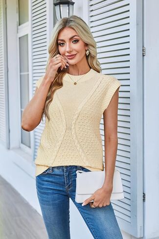 Arach&Cloz Womens Spring Sweater Vest 2025 Cap Sleeve Crew Neck Casual Tops Cable Knit Crochet Loose Fit Summer Outfits in Kuwait