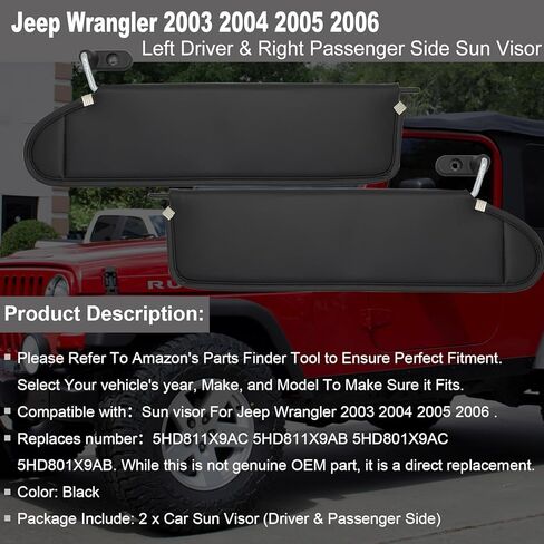 NHILES DRIVER & PASSENGER SINE SUN VITS FITS لـ JEEP WRANGLER 2003 2004 2005 2006 استبدال Sun Shade # 5HD811X9AC 5HD801X9AC (أسود) in Kuwait