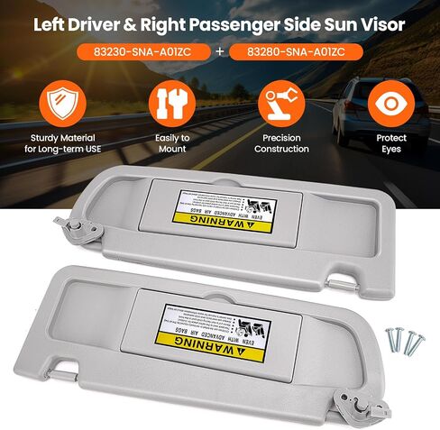 Left and Right Sun Visor Compatible with Honda Civic 2006-2011, Replaces 83280-SNA-A01ZC, 83230-SNA-A01ZC, Gray with Mirror, Exact Fit Driver and Passenger Side (EX, LX, Sedan, Coupe) in Saudi Arabia