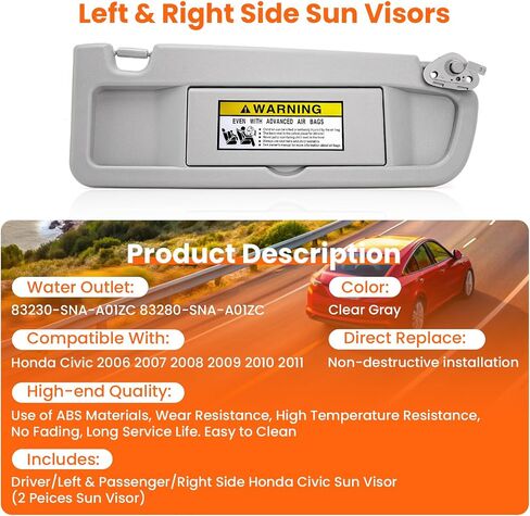 Left and Right Sun Visor Compatible with Honda Civic 2006-2011, Replaces 83280-SNA-A01ZC, 83230-SNA-A01ZC, Gray with Mirror, Exact Fit Driver and Passenger Side (EX, LX, Sedan, Coupe) in Saudi Arabia
