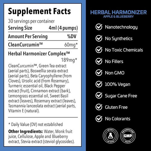Herbal Harmonizer with CleanCurcumin(TM) - Multi Botanical Antioxidants Supplement - Water Soluble - Nano Curcumin - Holistic Wellness Defender - Healthy Drink Mix (4 fl.oz, Apple and Blueberry) in Saudi Arabia