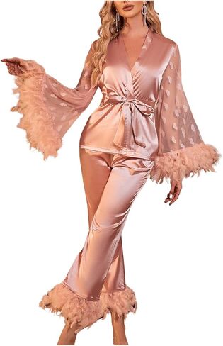 OYOANGLE Women's 2 Piece Pajama Set Satin Contrast Mesh Feather Trim Long Sleeve Belted Top and Pants Lounge Sets in Saudi Arabia