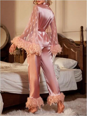 OYOANGLE Women's 2 Piece Pajama Set Satin Contrast Mesh Feather Trim Long Sleeve Belted Top and Pants Lounge Sets in Saudi Arabia