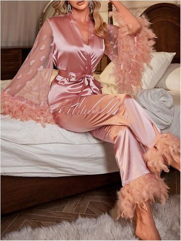 OYOANGLE Women's 2 Piece Pajama Set Satin Contrast Mesh Feather Trim Long Sleeve Belted Top and Pants Lounge Sets in Saudi Arabia