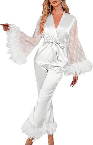 OYOANGLE Women's 2 Piece Pajama Set Satin Contrast Mesh Feather Trim Long Sleeve Belted Top and Pants Lounge Sets in Saudi Arabia