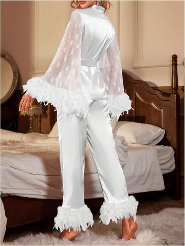 OYOANGLE Women's 2 Piece Pajama Set Satin Contrast Mesh Feather Trim Long Sleeve Belted Top and Pants Lounge Sets in Saudi Arabia