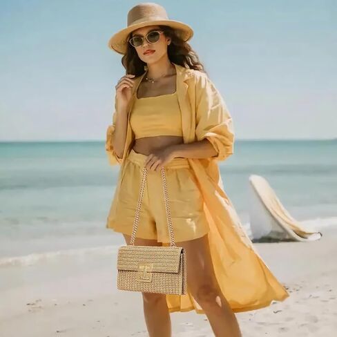 Huralona Women Straw Woven Clutch Purse Pleated Handbag for Summer Beach Vacation Straw Shoulder Crossbody Bag in Saudi Arabia