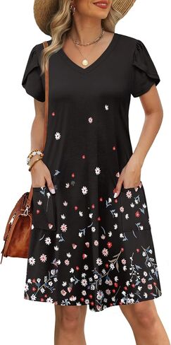 OFEEFAN Womens Summer Vresses 2025 Tulip Petal Short Sleeve V الرقبة السائبة Sundresses مع جيوب عادي/طباعة in Kuwait
