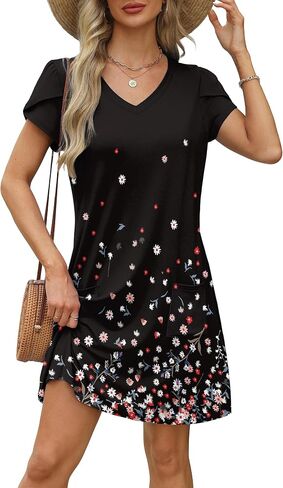 OFEEFAN Womens Summer Vresses 2025 Tulip Petal Short Sleeve V الرقبة السائبة Sundresses مع جيوب عادي/طباعة in Kuwait