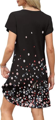 OFEEFAN Womens Summer Vresses 2025 Tulip Petal Short Sleeve V الرقبة السائبة Sundresses مع جيوب عادي/طباعة in Kuwait