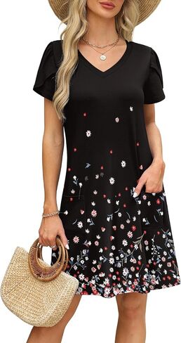 OFEEFAN Womens Summer Vresses 2025 Tulip Petal Short Sleeve V الرقبة السائبة Sundresses مع جيوب عادي/طباعة in Kuwait