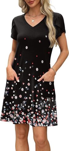 OFEEFAN Womens Summer Vresses 2025 Tulip Petal Short Sleeve V الرقبة السائبة Sundresses مع جيوب عادي/طباعة in Kuwait