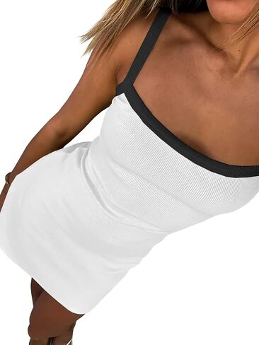 Women's Sleeveless Ribbed Mini Dresses Spaghetti Strap Knit Casual Bodycon Slim Fit Dress in Kuwait