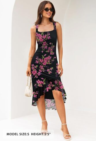 MEROKEETY Women's Summer Floral Bodycon Dress Square Neck Sleeveless Ruffle Hem Cocktail Mesh Midi Dress in Saudi Arabia