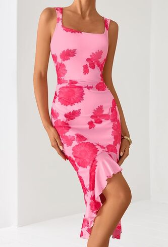 MEROKEETY Women's Summer Floral Bodycon Dress Square Neck Sleeveless Ruffle Hem Cocktail Mesh Midi Dress in Saudi Arabia