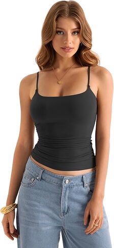 Womens Double Lined Square Neck Tank Tops Adjustable Spaghetti Strap Camisole Y2K Going Out Cami Shirt in Kuwait